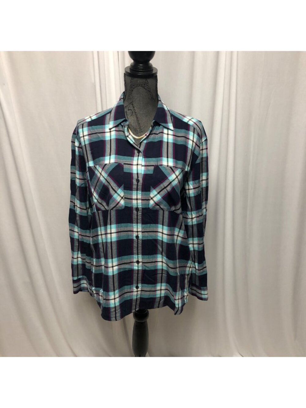 Express Shirt Womens Size XS  Blue Magenta Plaid Button Down Long Sleeve